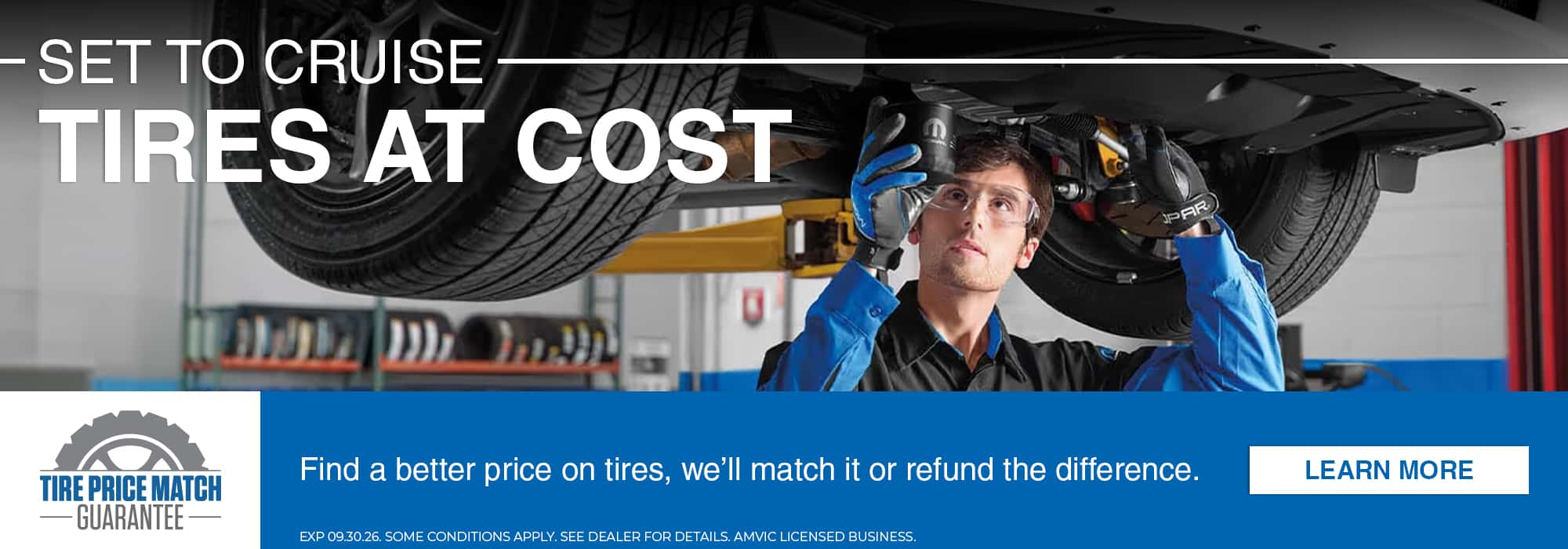 Mechanic working on car tire with text highlighting tire price match guarantee offer.