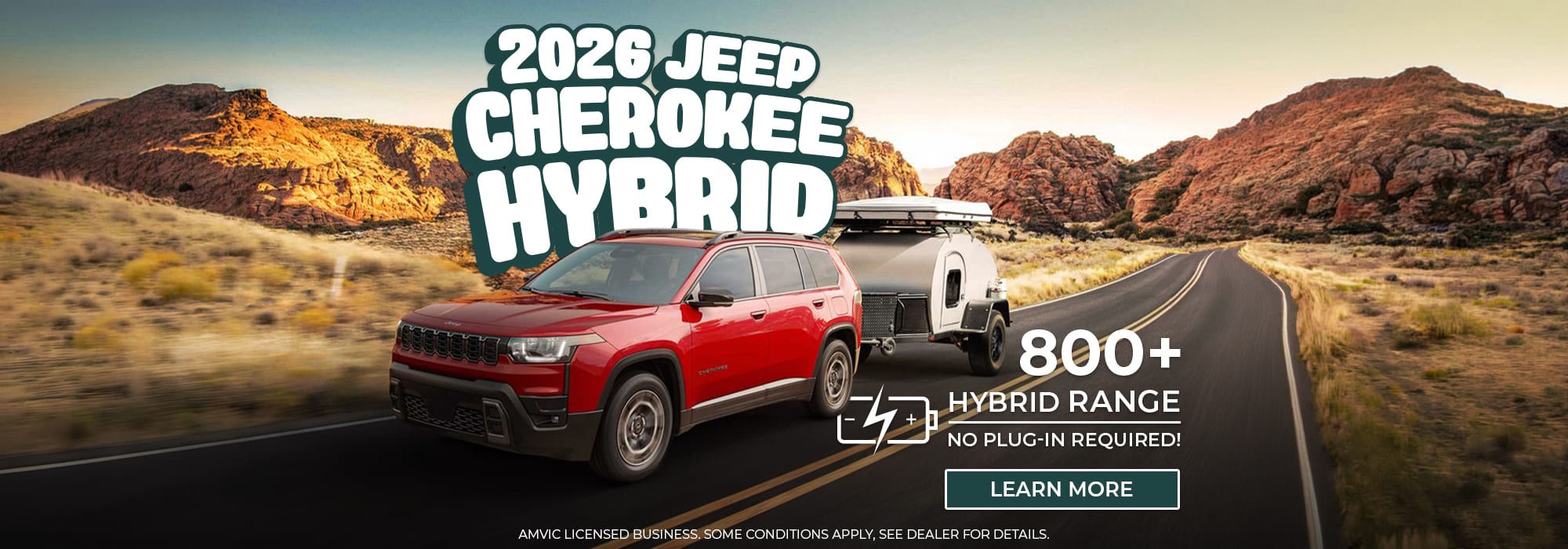 Red Jeep Cherokee Hybrid towing a trailer on a scenic road with desert mountains. Text: "2026 Jeep Cherokee Hybrid."