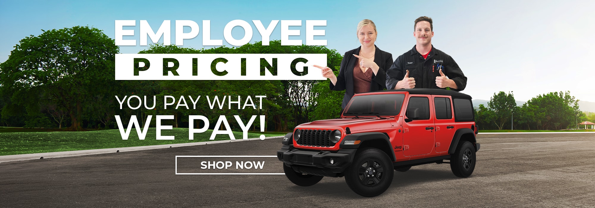 Red Jeep SUV with "Employee Pricing" offer. Two smiling staff members, outdoor setting, "Shop Now" button.