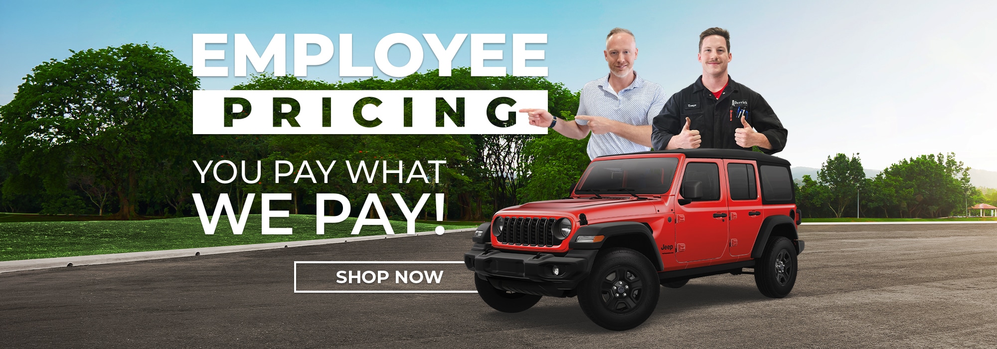Red Jeep SUV with "Employee Pricing" offer. Two smiling staff members, outdoor setting, "Shop Now" button.