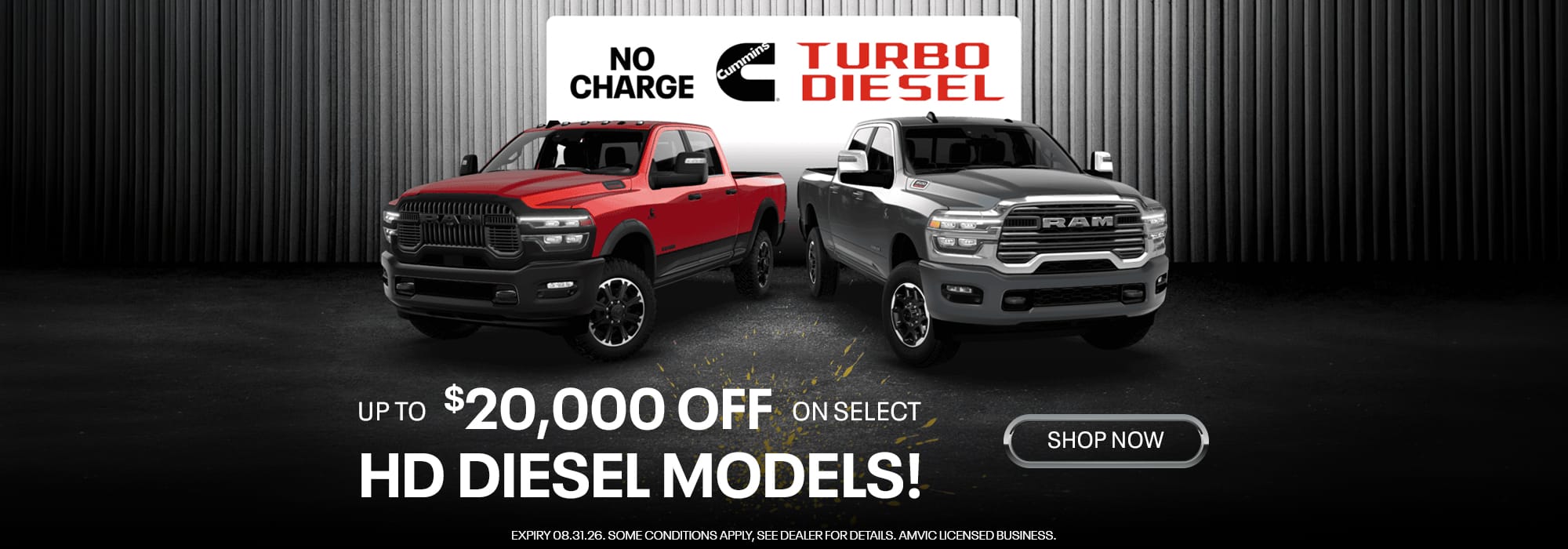 Red and silver RAM trucks promoting up to $20,000 off on select HD diesel models with no charge turbo diesel offer.