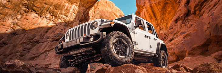 White off-road vehicle navigating rocky terrain in a canyon under a clear blue sky.
