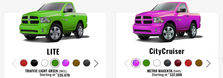Green and magenta trucks side by side, labeled "LITE" and "CityCruiser." Prices start at $35,670 and $37,800.