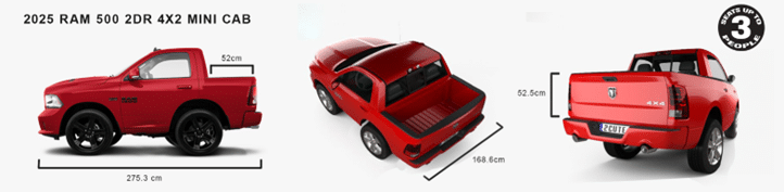 2025 RAM 500 2DR 4x2 Mini Cab in red, showcasing side, top, and rear views with dimensions.