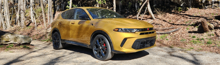 Golden SUV parked in a wooded area on a sunny day, with black wheels and red accents.