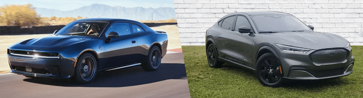 Blue muscle car on a track and gray electric SUV parked in front of a white brick wall.