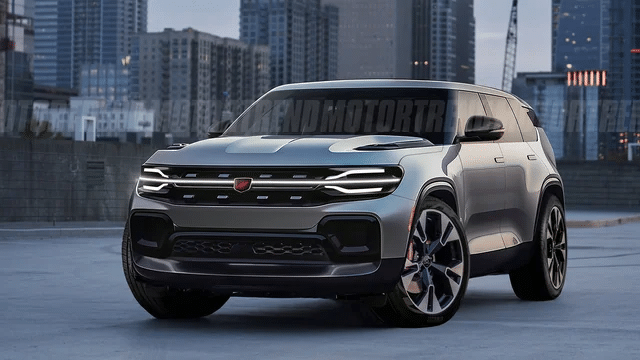 Futuristic SUV parked in an urban setting with towering buildings in the background.