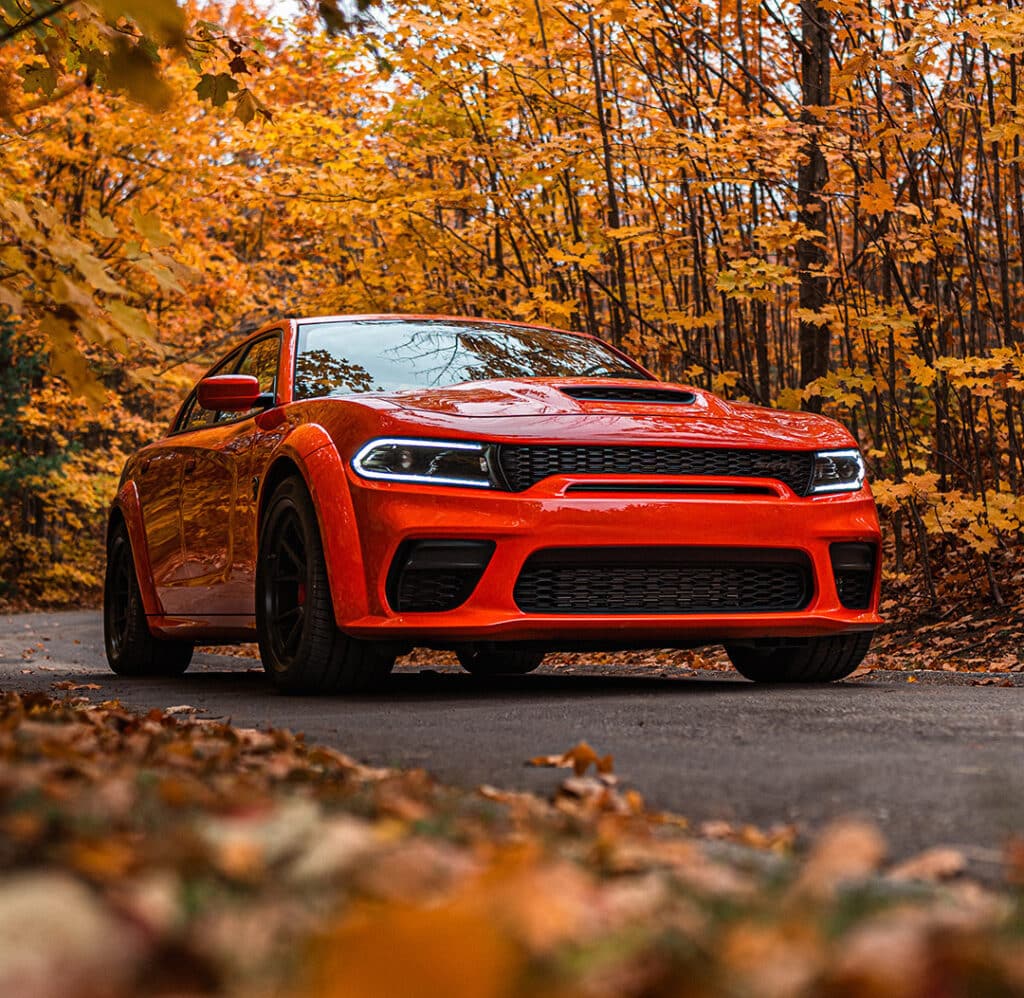 Red sports car on a forest road, surrounded by vibrant autumn foliage.