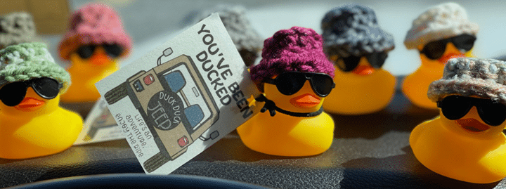 Rubber ducks with sunglasses and knit hats hold a "You've Been Ducked" card on a dashboard.