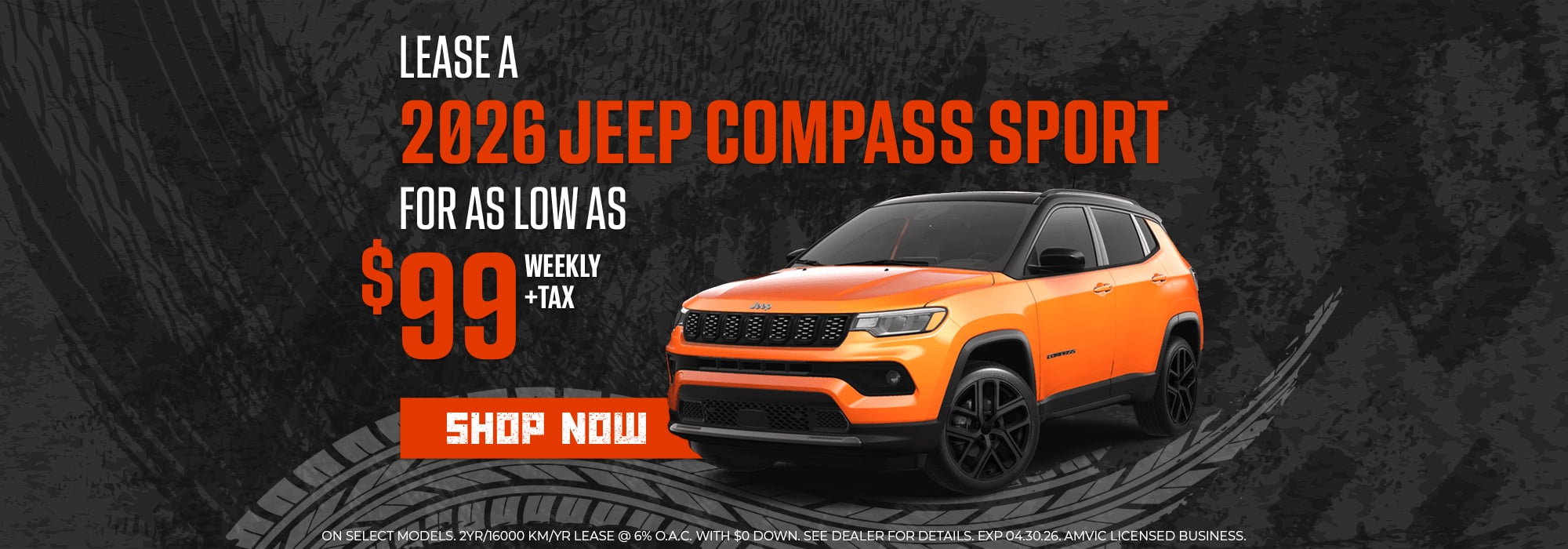 Lease a 2026 Jeep Compass Sport for $99 weekly plus tax; vibrant orange model displayed.