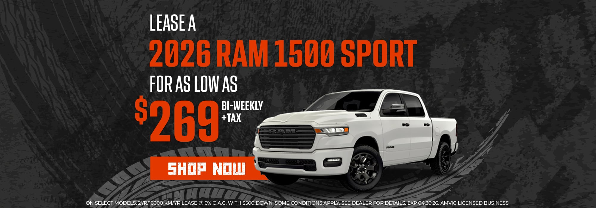 Lease a 2026 Ram 1500 Sport starting at $269 bi-weekly. White truck on dark textured background.