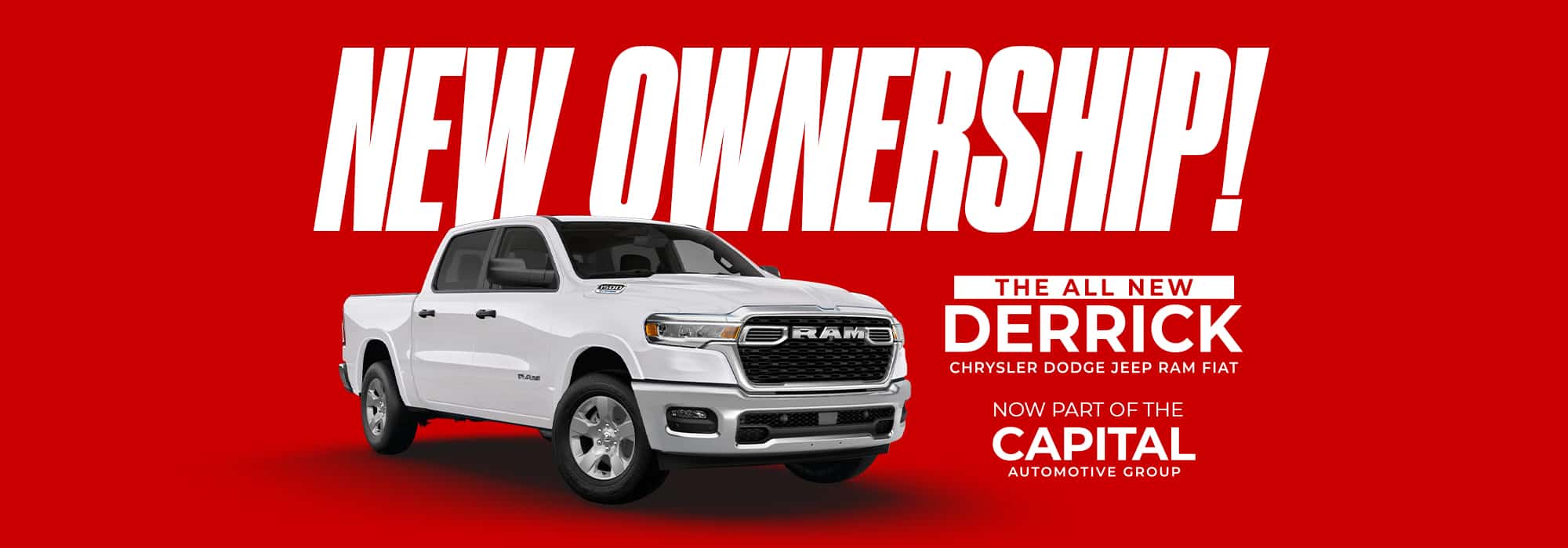 White RAM truck on red background with "New Ownership" and "Derrick Chrysler Dodge Jeep RAM FIAT" text.