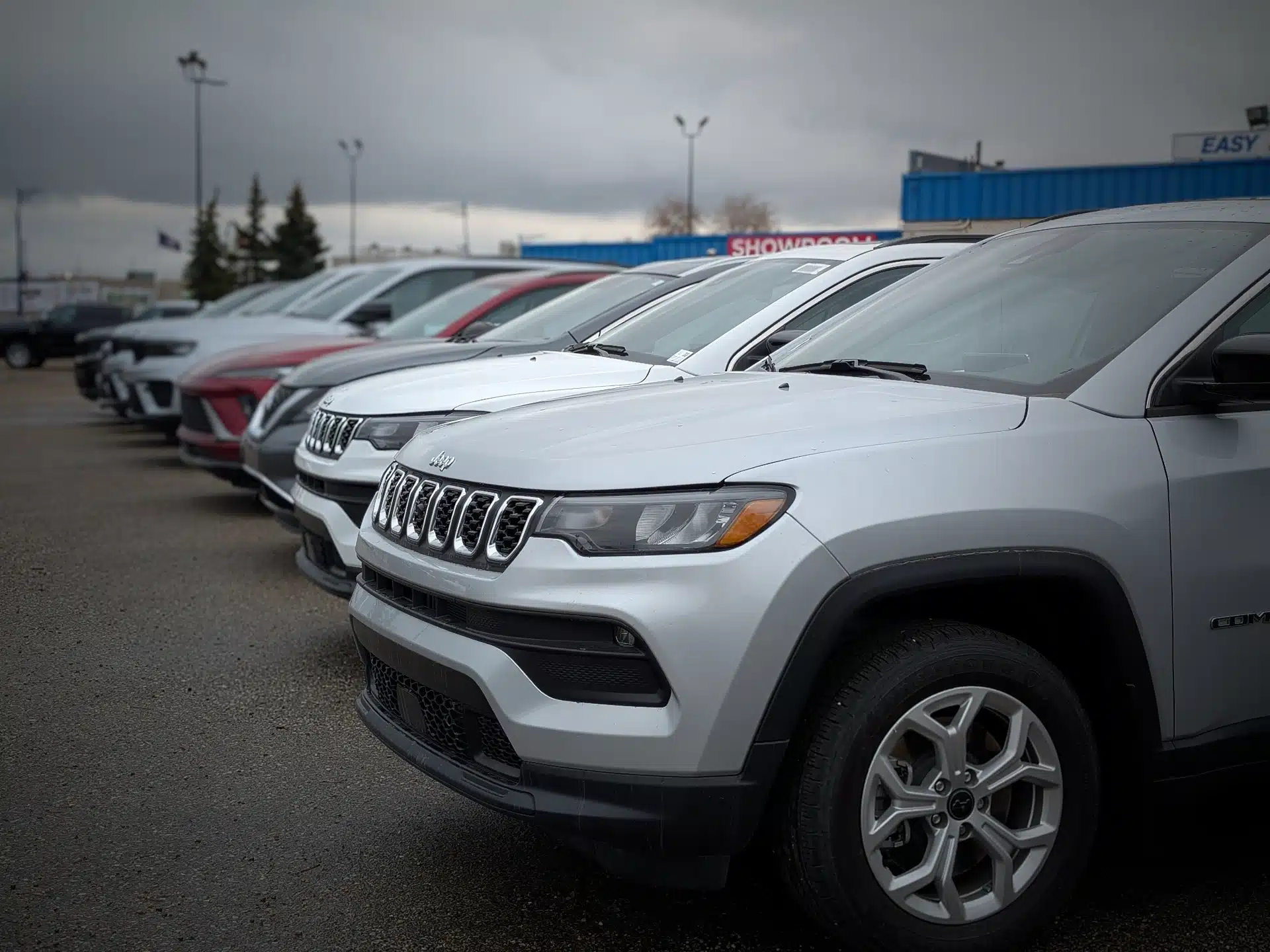 Row of parked SUVs in a dealership lot under overcast skies, with a blue building visible in the background.