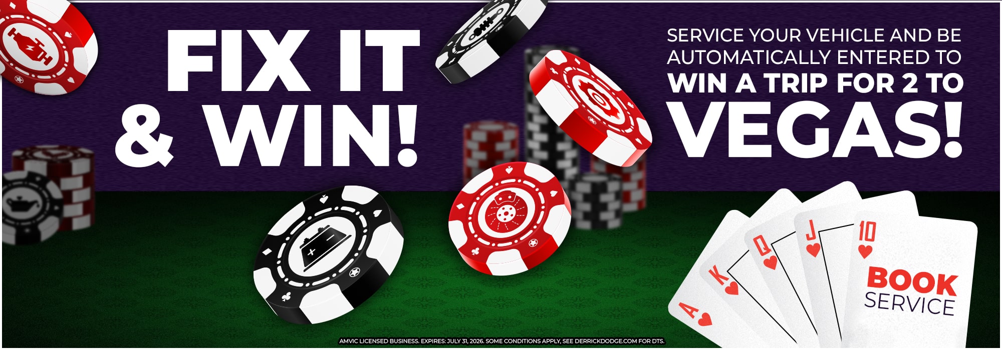 Casino-themed promotion with poker chips and cards. Text: "Fix It & Win!" for a Vegas trip.