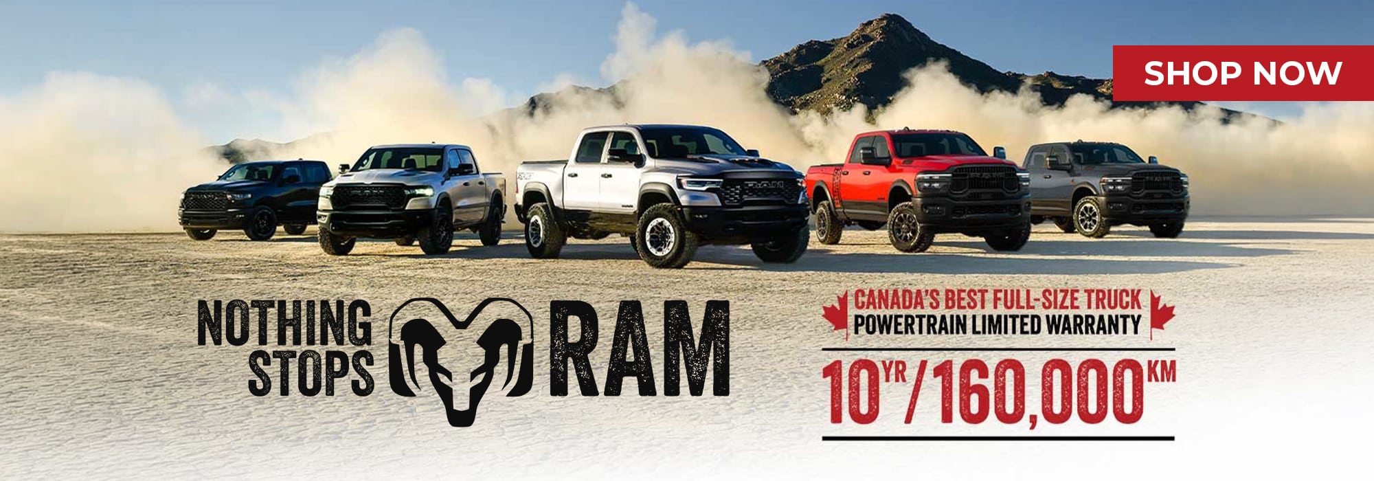 Lineup of Ram trucks on a desert backdrop with text promoting a 10-year powertrain warranty. Shop Now button.
