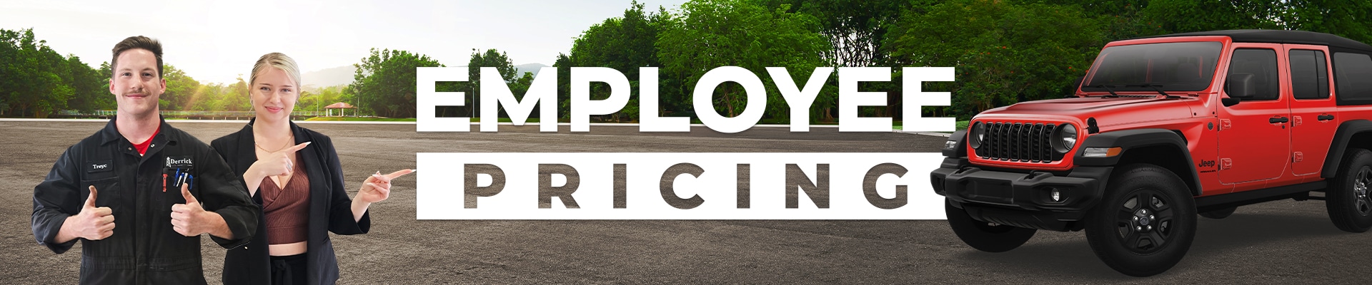 Two smiling men next to "Employee Pricing" text and a red Jeep Wrangler on a paved surface with trees.