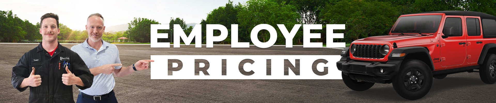 Two smiling men next to "Employee Pricing" text and a red Jeep Wrangler on a paved surface with trees.